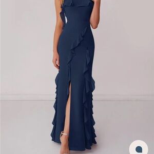 Azazie One Shoulder Navy Dress with Ruffles